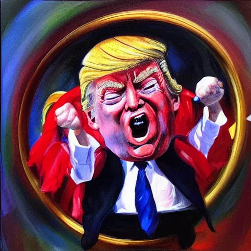 Image similar to “ Donald Trump in a tutu dancing with the devil, oil painting”