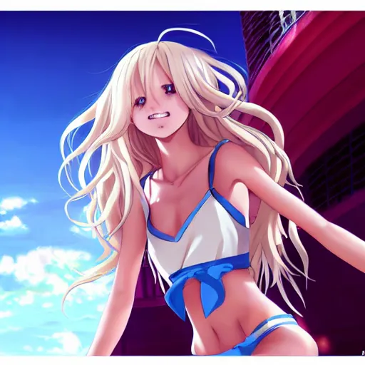 Image similar to a very beautiful young anime basketball girl crying, full body, long wavy blond hair, sky blue eyes, full round face, evil grin, bikini, miniskirt, front view, mid - shot, highly detailed, cinematic wallpaper by stanley artgerm lau