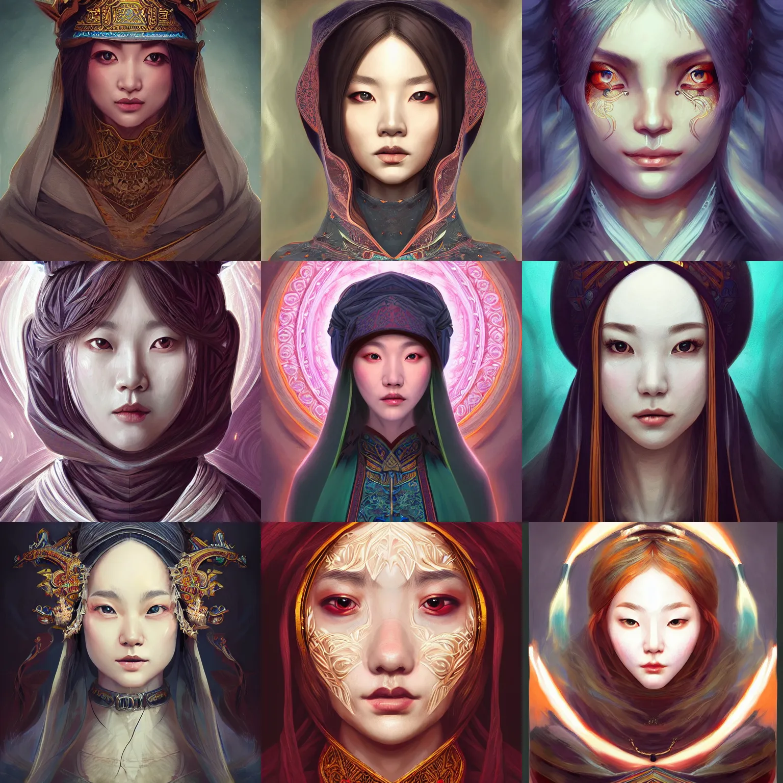 Prompt: head-on symmetrical centered painted portrait, korean woman as a D&D wizard, medieval robes, fantasy, intricate, elegant, highly detailed, digital painting, smooth, sharp focus, illustration, artstation, in the style of Artgerm and Anna Podedworna and Alex Ross