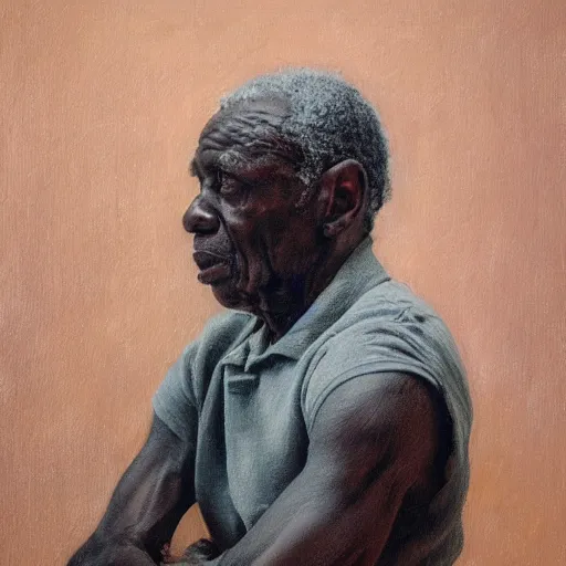 Image similar to a painting of a elder man by Lynette Yiadom-Boakye . dramatic angle, details, smooth, sharp focus, illustration, realistic, cinematic, artstation, award winning, rgb , unreal engine, octane render, cinematic light, macro, depth of field, blur, red light and clouds from the back, highly detailed epic cinematic concept art CG render made in Maya, Blender and Photoshop, octane render, excellent composition, dynamic dramatic cinematic lighting, aesthetic, very inspirational, arthouse.