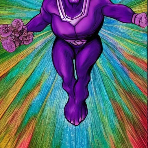 Image similar to thanos in a dress riding down a rainbow