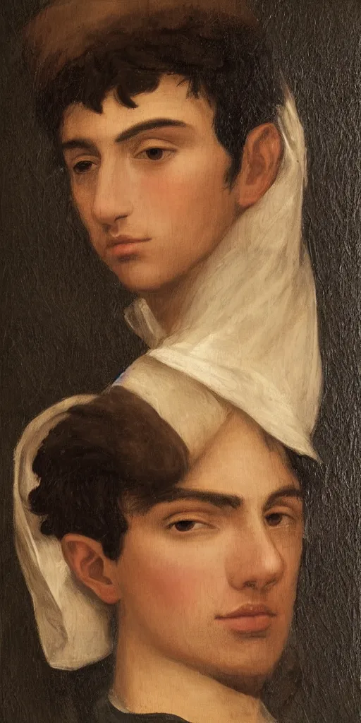 Image similar to a Spanish teenage boy with dark hair and green eyes, sharp jawline with a light beard, done in the style of a renaissance royal portrait