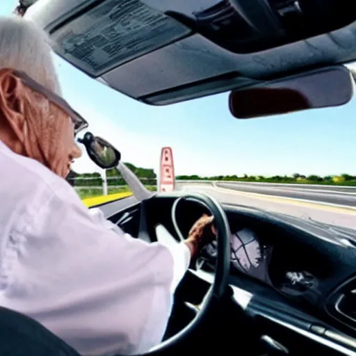 Prompt: elderly man driving invisible car on the highway at 2 0 0 mph
