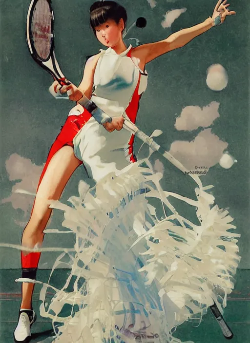 Image similar to a copic maker art nouveau portrait of a japanese girl playing tennis at high speed wearing a futuristic latex pilot suit and a puffy skirt designed by balenciaga by john berkey norman rockwell