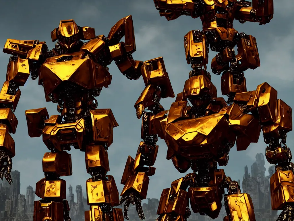 Image similar to a shiny ornate boxing humanoid mecha in ruin city, victory, bright, by war robots, real steel ( 2 0 1 1 ), westworld and eve venture and pacific rim and machine warrior 5, cryengine, frostbite 3 engine, scarlet and yellow scheme, sharp focus, 8 k, high definition, insanely detailed, soft lighting, smooth face