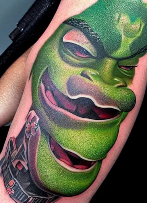 Image similar to 😆 Shrek, dope tattoo, hyperrealistic