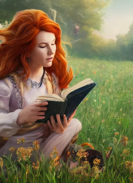 Image similar to An epic fantasy comic book style portrait painting of a young red headed girl reading a book in a field of flowers surrounded by bees in the style of the wheel of time, unreal 5, DAZ, hyperrealistic, octane render, cosplay, RPG portrait, dynamic lighting