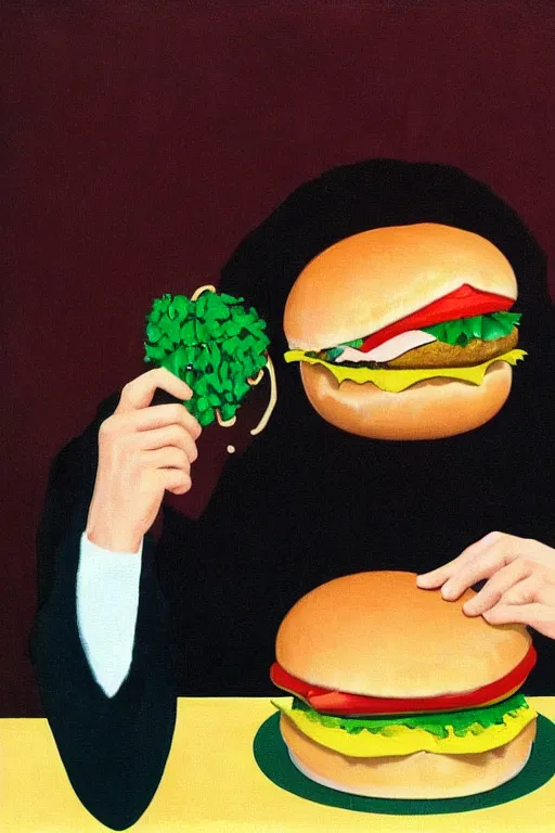 Prompt: roger federer eating a hamburger by rene magritte