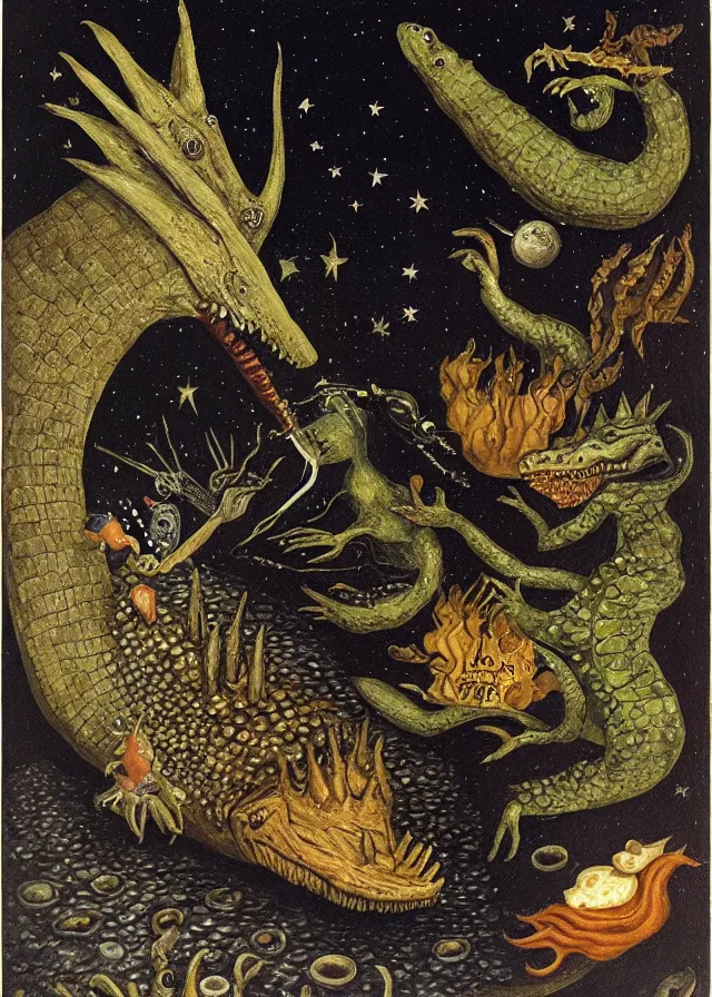 Image similar to the queen of the moon feeding stars to a crocodile with mushrooms growing on it, ominous, dark and poetic, painted on masonite, by remedios varo