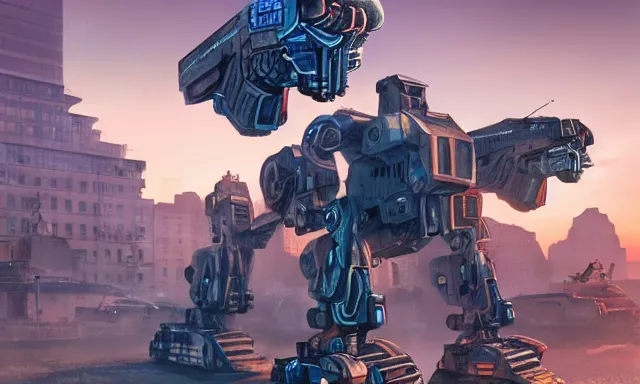 Image similar to Mechs defending the city at sunset, photorealistic, hyperrealistic, digital illustrations, sci-fi illustrations, mechwarrior, battletech, highly detailed, intricate, award-winning, mecha, gritty, beautiful colors, hdr, rendered in Octane, rendered in Unreal engine, 4k, ultra hd