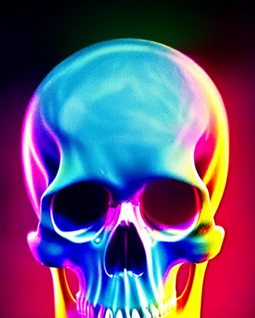 Image similar to glow, chromatic aberration, prismatic, skull, cinematic, retro, vintage, cool, unique, interesting, original, vhs quality, adult swim