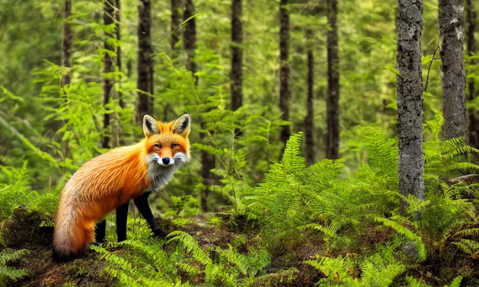 a red fox in a northwestern boreal forest with lush Stable Diffusion