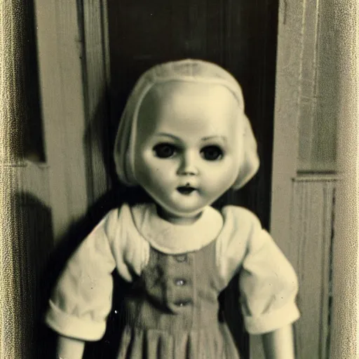 Image similar to creepy vintage doll in darkly lit hallway photo kodak brownie photo