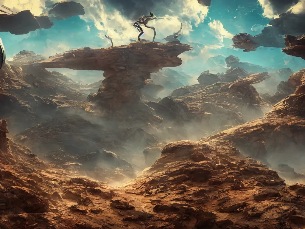 Image similar to Retro futuristic damaged walker jumps over a rift. Panorama view of an extraterrestrial landscape by Kilian Schönberger. highly detailed, sharp focus, illustration, cinematic lighting, Unreal Engine 5