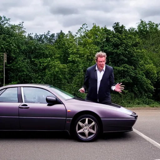 Image similar to Jeremy Clarkson driving and pressing car honk. Angry Jeremy Clarkson driving, honking. Jeremy Clarkson pressing honk while driving.