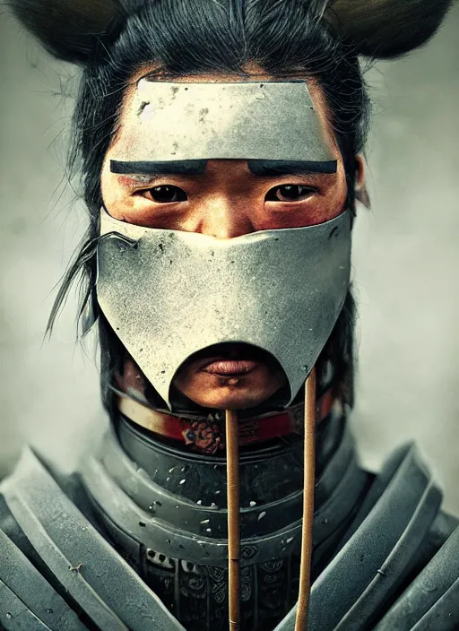 Image similar to samurai portrait, symmetrical face, wearing mempo mask, after a battle, dirt and unclean, extreme detail, cinematic, dramatic lighting render, photorealism photo by national geographic, tom bagshaw, masterpiece