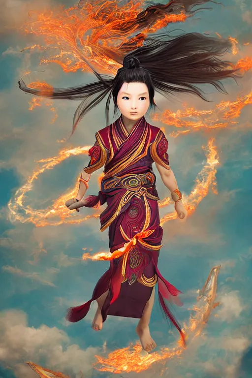 Prompt: nezha flies around swiftly on his wind flame circles, chinese mythology, top view, cinematic, fantasy character portrait, highly detailed, by new gods : nezha reborn, nezha : birth of the demon child,