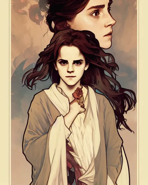 Image similar to Poster artwork, Emma Watson as Hermione Granger, medium shot, details, sharp focus, illustration, by Jordan Grimmer and Alphonse Mucha and greg rutkowski and PiNe(パイネ) and 薯子Imoko and 香川悠作 and maya takamura, intricate, beautiful, Trending artstation, pixiv, digital Art