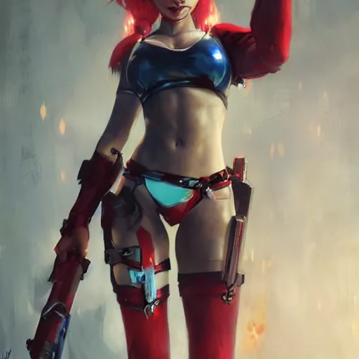 Image similar to portrait of anime Harley Quinn in bikini armor, dc comics, cyberpunk, Warhammer 40000, dark fantasy, digital art from artstation by Ruan Jia and Mandy Jurgens and Artgerm and william-adolphe bouguereau