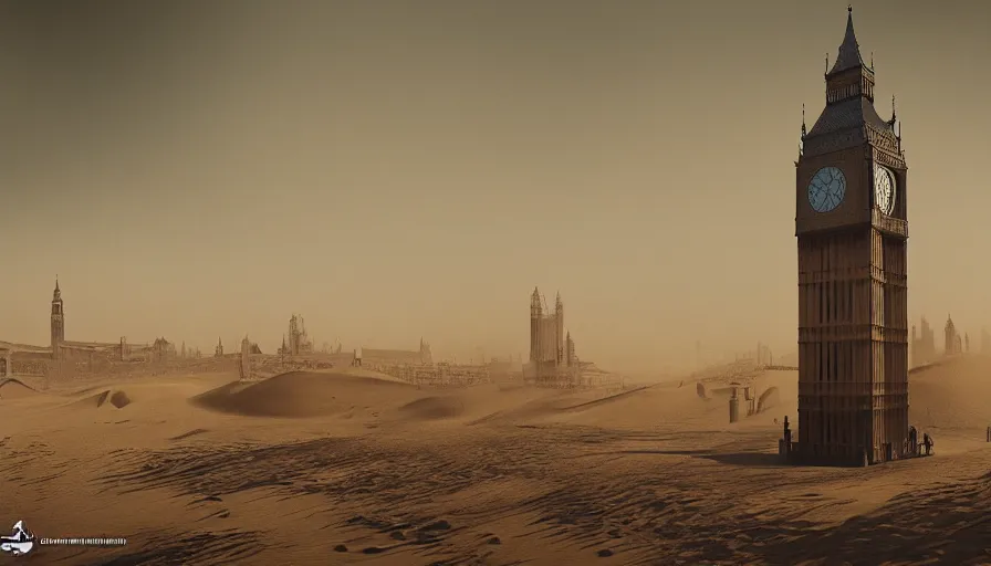 Prompt: london's big ben in mad max, tons of sand, sandstorm, sand dunes, hyperdetailed, artstation, cgsociety, 8 k