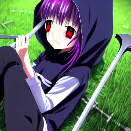 Prompt: A cute young real life 3D anime girl with long blueish violet hair, wearing a black reaper hood with shorts, a bloody scythe is laying next to her foot, in a dark field, top down angle, laying on her back