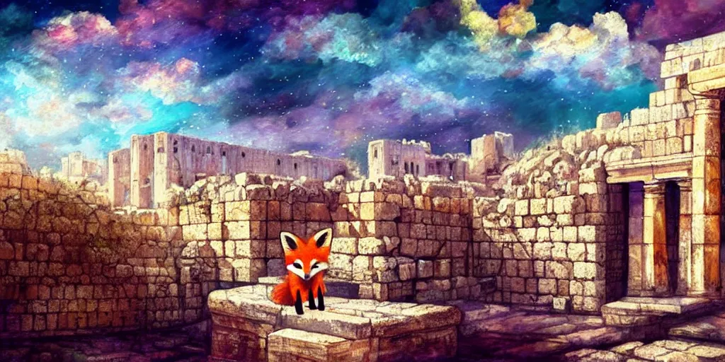 Image similar to a adorable small fox in the huge ruins of the second temple in jerusalem in the distance. the third temple hovers quietly hiding in the dreamy clouds above. a hooded bearded old man in a tunic laughing, colorful 8 k, art station, intricate superb details, digital art, cinematic, bokeh dof sky, a painting by afremov.