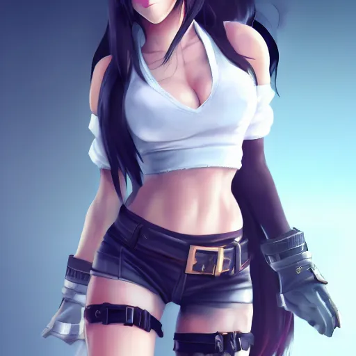 Image similar to head to toe shot of tifa lockhart by wlop, rossdraws, mingchen shen, bangkuart, sakimichan, yan gisuka, jeongseok lee, artstation, 4k