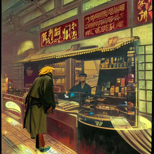 Image similar to byzantine bureaucrat wearing coolie hat and VR goggles with scrolling Chinese Arabic text standing behind counter in Hong Kong market, Dune concept art by Greg Rutkowkski, Brom, and Alphonse Mucha