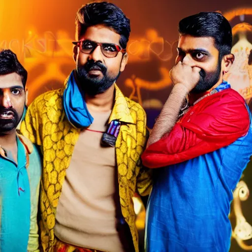 Prompt: Ultrawide photo of 3 drunk Indian guys wearing colorful cloths standing in the line of a nightclub during stoneage , 4k, Photorealistic