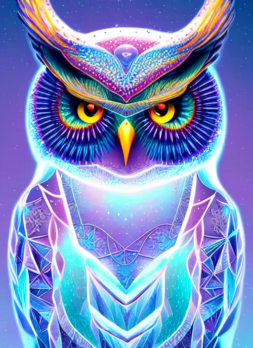 Image similar to symmetry!! product render poster vivid colors divine proportion owl, ice and snow, glowing fog intricate, elegant, highly detailed, digital painting, artstation, concept art, smooth, sharp focus, illustration,