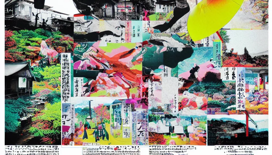 Image similar to Japan rural splendor touring travel c2050, surrealist psychedelic photo-collage painting spot illustration in the style of Newsweek magazine, +81 magazine, minimalist clinical white negative space, clinical muted deep neon color, spot color and metallic inks clean slick design