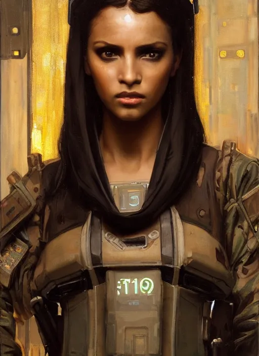 Prompt: Beautiful Juliana. beautiful female cyberpunk Blackops commander wearing a military vest and military stealthsuit (cyberpunk 2077, Blade Runner 2049). gorgeous face. African woman. Orientalist portrait by john william waterhouse and Edwin Longsden Long and Theodore Ralli and Nasreddine Dinet, oil on canvas. Cinematic, hyper realism, realistic proportions, dramatic lighting, high detail 4k