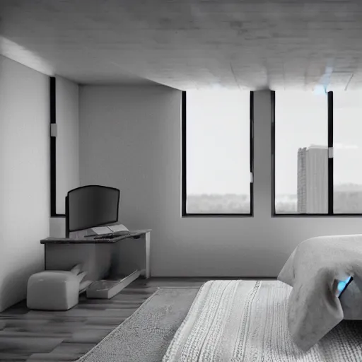 Image similar to brutalist bedroom, big windows, showing city landscape on background, minimalist architecture, minimalist furniture, octane render, high quality, 8 k, post production