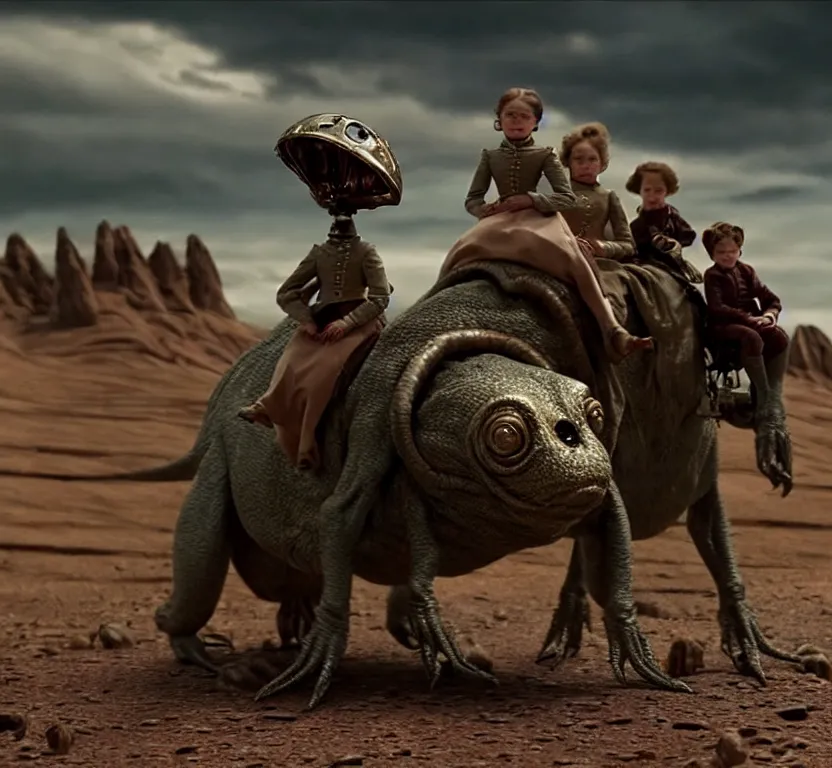 Image similar to sharp, highly detailed, film from a 2 0 1 9 sci fi 8 k movie, set in 1 8 6 0, a human family riding on the back of small cute alien creatures, across an alien landscape, wearing 1 8 6 0 s clothes, atmospheric lighting, in focus, reflective eyes, 3 5 mm macro lens, live action, nice composition