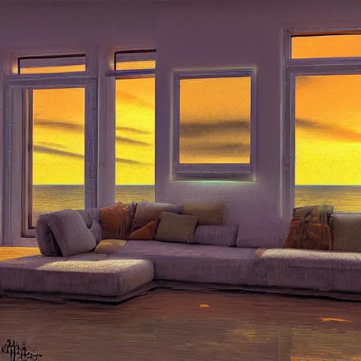 Prompt: living room at sunset, from an ants point of view, digital art