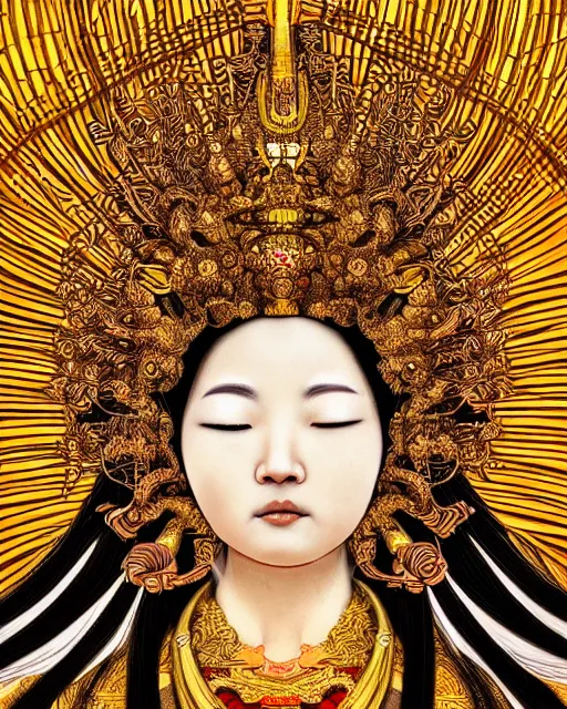 Image similar to hyper realistic portrait photo of ameterasu the sun goddess of japan, portrait shot, intricate detail