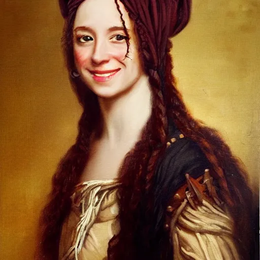 Image similar to oil painting, smiling, happy, beautiful, intelligent, fierce, powerful, female pirate captain 3 2 years old, flowing long hair, fully clothed, wise, beautiful, masterful 1 7 2 0 s oil painting, dramatic lighting, sharp focus