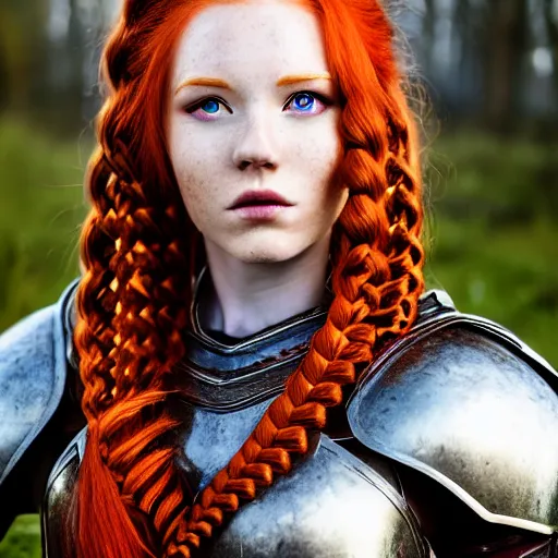 Prompt: north female warrior, red hair, ginger hair, fantasy, high detailed, photography, cloudy, lightweight armour, Scandinavia, plain, detailed face, cute face, model, glowing skin, two large braids, professional photographer, masterpiece, 8k, 3D