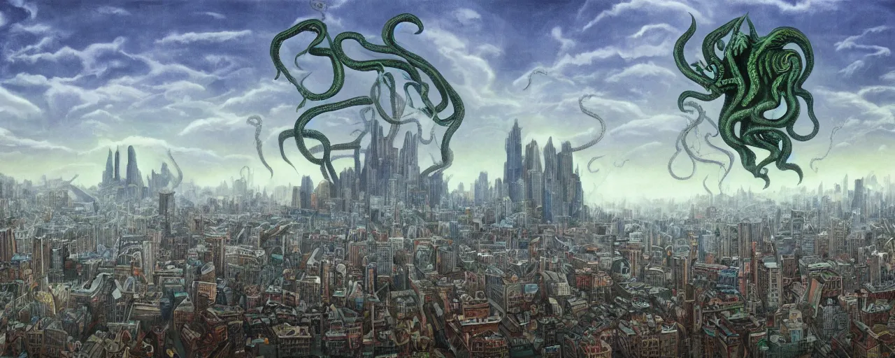 Image similar to Cthulhu rising in the sky above city, Christensen James C