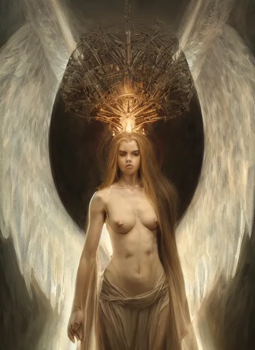 Image similar to angel wizard, physically accurate, moody dynamic lighting, very very intricate, very very elegant, highly detailed, digital painting, artstation, HR GIGER, Hieronymus Bosch, Francis Bacon, concept art, smooth, very beautiful, sharp focus, illustration, art by artgerm and greg rutkowski and alphonse mucha