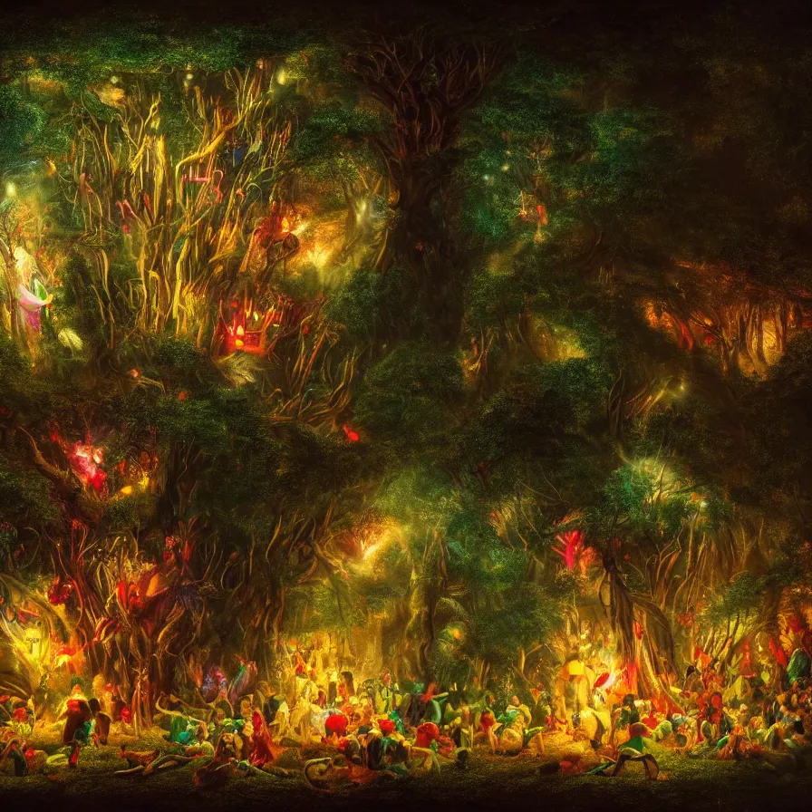 Image similar to closeup of a night carnival inside a tree cavity in a magical forest in the middle of a summer storm, with a music scenario with many fireworks and christmas lights, volumetric lightning, instense god rays in the sky, folklore people disguised with fantastic creatures in a magical forest by summer night, masterpiece painted by william henry hunt, scene by dark night environment, refraction lights,