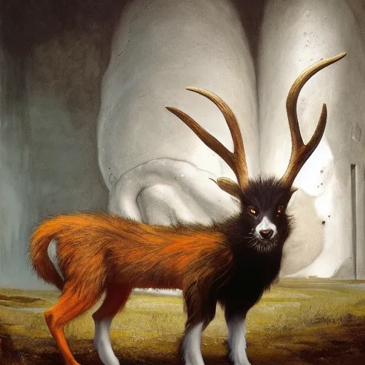 Prompt: Faun Portrait furry ears snout collar neck paws Antler Skunk Mummy Wraith wearing a silken leotard ASPCA National Geographic Wikipedia Demiurge pet adoption quill splatterpaint rorschach 4k artstation unreal engine render robert rauschenberg giorgio de chirico greg rutkowski