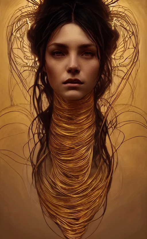 Image similar to portrait of a dark goddess, gold wires, visible veins and nerves, intricate, headshot, highly detailed, digital painting, artstation, concept art, sharp focus, cinematic lighting, illustration, art by artgerm and greg rutkowski, alphonse mucha, cgsociety