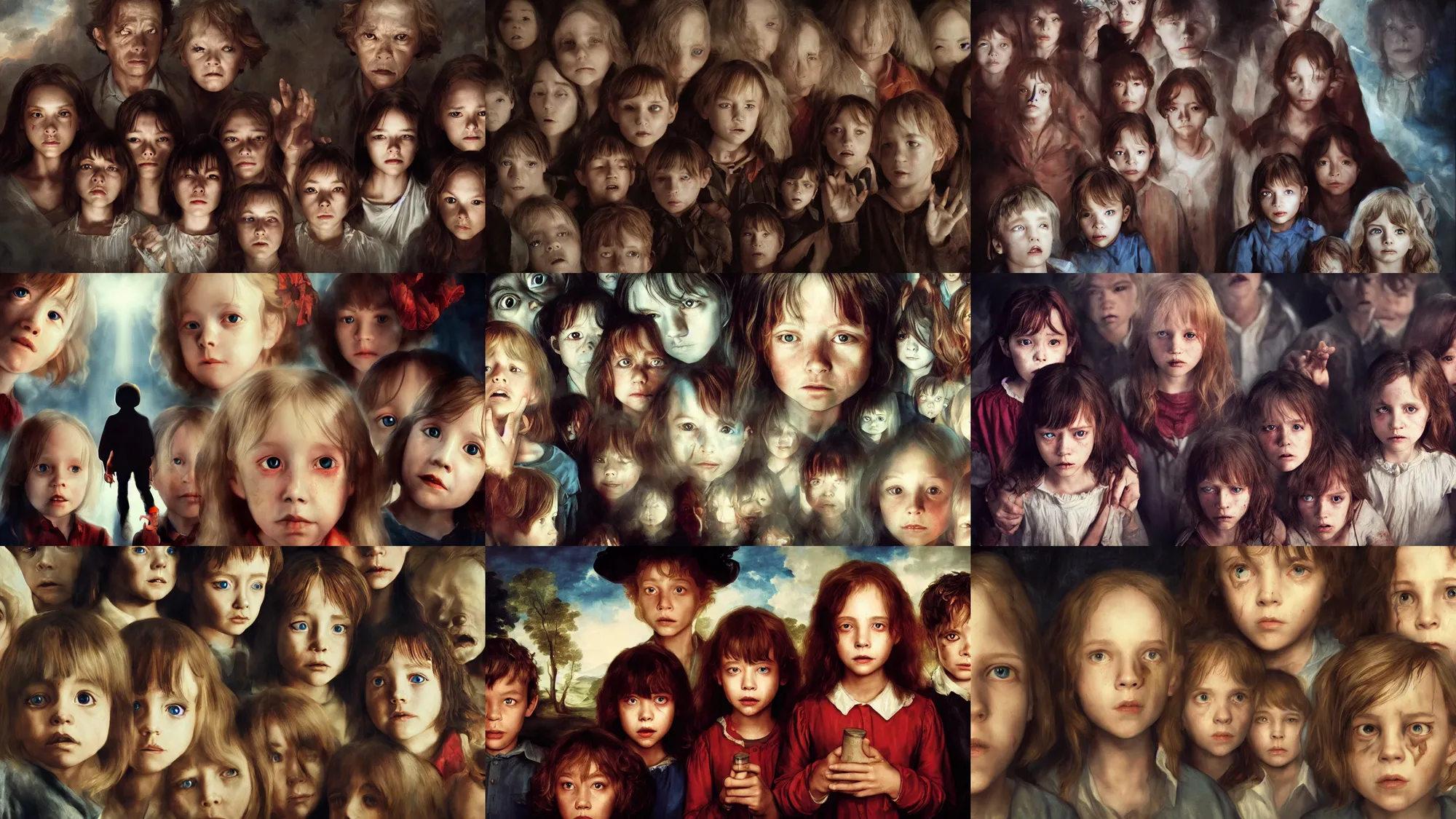 Prompt: the missing children, film still from the movie directed by anton van dyck, artgerm and bill cone and harley jessup with art direction by guillermo del toro, wide lens