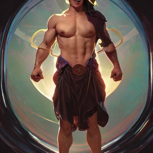 Image similar to character concept, portrait, symmetrical head - on centralized, laughing young man with strong body. detailed, high quality, dynamic lightning, fantasy, scenematic. artwork by artgerm, wlop, alex ross, greg rutknowski, alphonse mucha