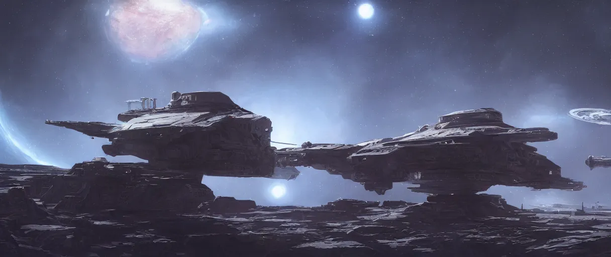 Image similar to concept art, a lonely scouting spaceship, traveling to new worlds, deep space exploration, the expanse tv series, industrial design, the hull protected by armor and turrets, spatial phenomena in the background, atmospheric, cinematic lighting, 4k, greebles, widescreen, wide angle, beksinski, sharp and blocky shapes