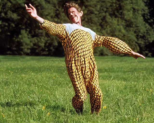 Prompt: William Dafoe dancing in the bee costume on the sunny meadow with clear sky, film still, very long shot, high detail