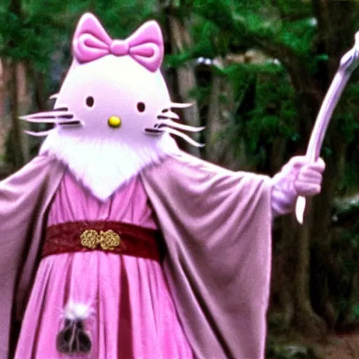 Prompt: gandalf wearing a Hello Kitty costume, movie still from the lord of the rings