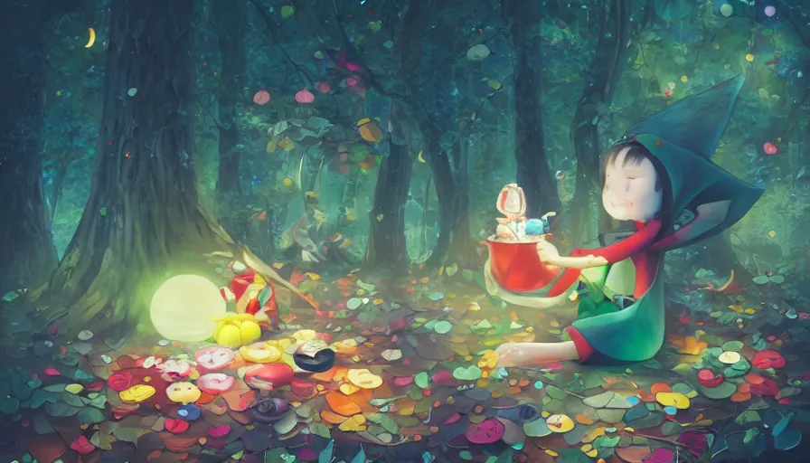 Prompt: an elf eating fruit in the woods y by takashi murakami,, beeple and james jean, aya takano color style, 4 k, super detailed, night sky, digital art, digital painting, celestial, majestic, colorful