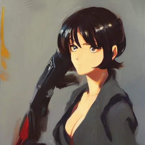 Image similar to greg manchess painting of an anime woman, direct flash photography at night, makoto shinkai